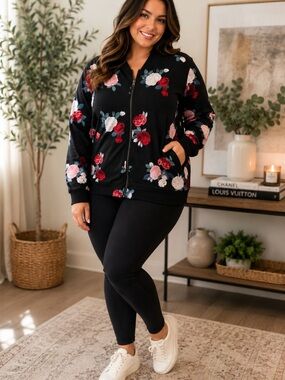 torrid Black Bomber Jacket with Pink & Red Floral Embroidery